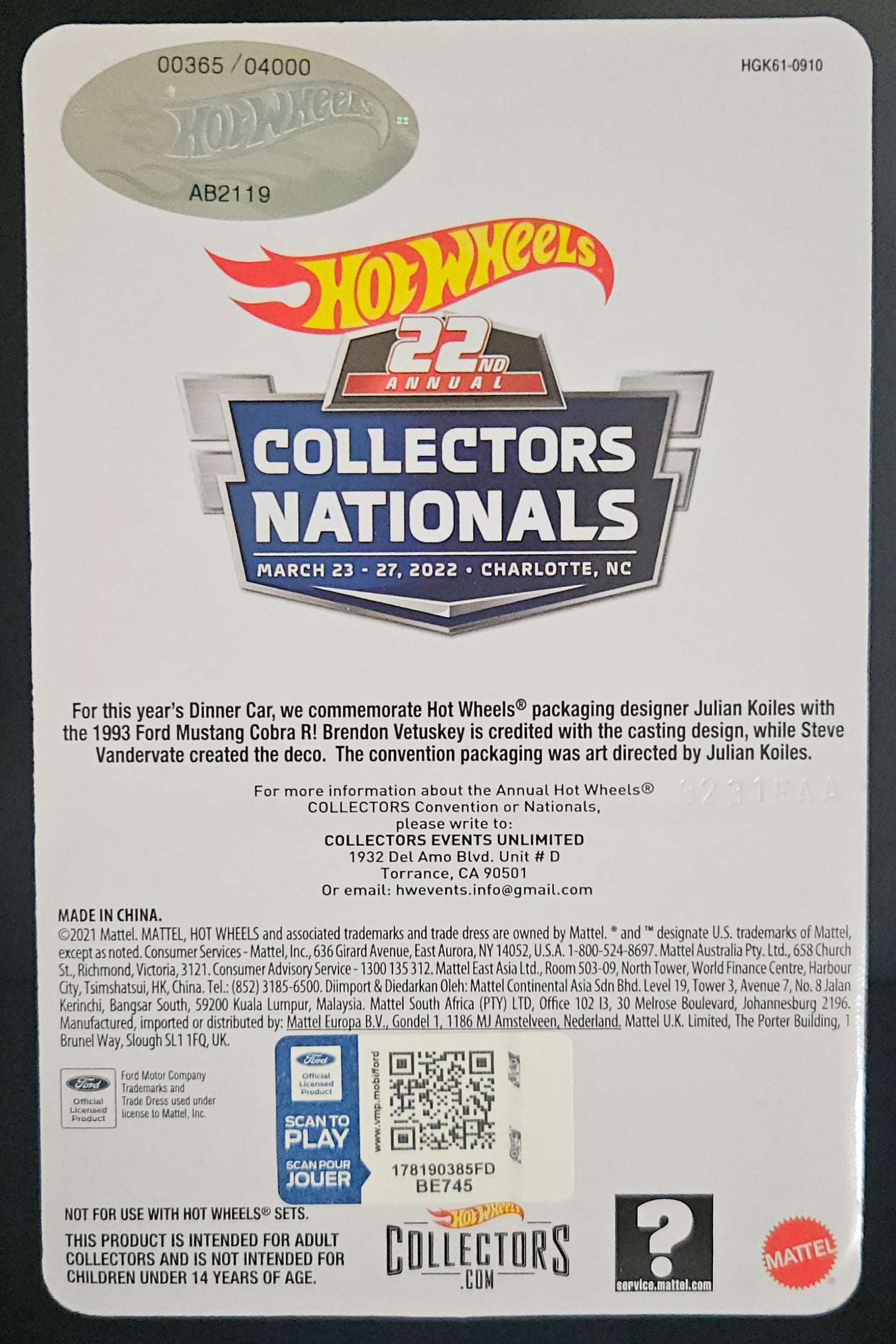 Hot Wheels 22nd Nationals Convention 1993 Ford Mustang Cobra R