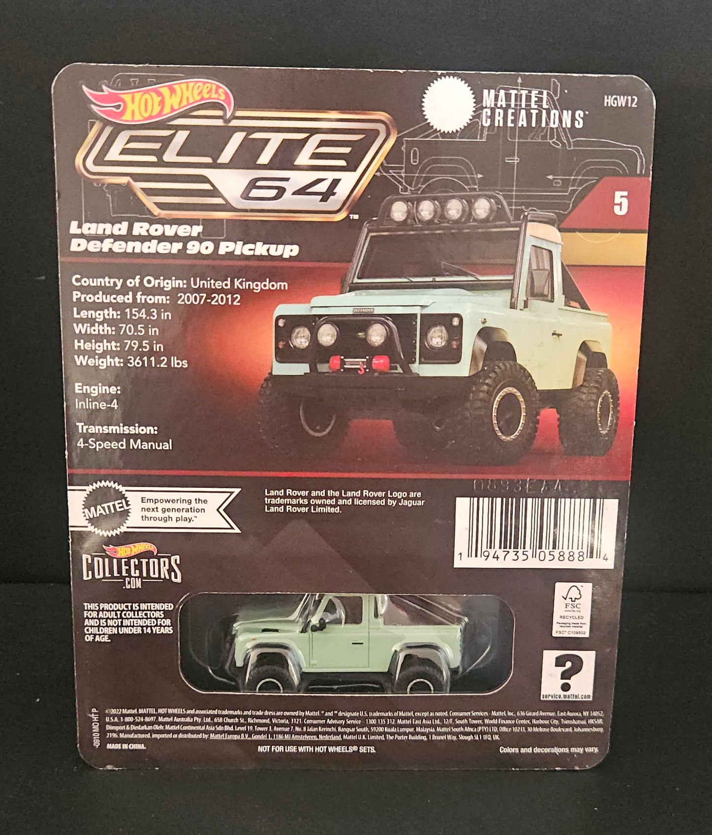 Hot Wheels Elite 64 Land Rover Defender 90 Pickup